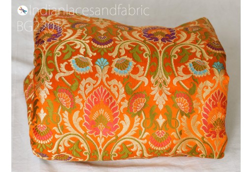 Orange Indian silk brocade fabric by the yard banarasi material costume wedding dress crafting sewing cushions upholstery drapery home décor hair craft pillowcase