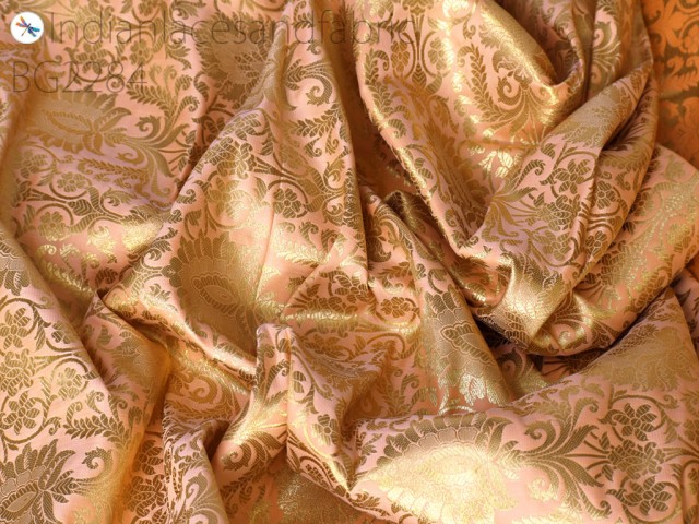 Indian peach brocade fabric yardage banarasi blended silk bridal wedding dresses lehenga DIY crafting sewing drapery upholstery bridal costumes kids crafts home décor table runner furnishing