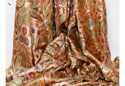 Indian Bridal Peach Brocade Fabric by the Yard Banarasi Wedding Dresses Varanasi Blended Silk DIY Crafting Sewing Costumes Lehenga Drapery Clutches Home Décor Fabric