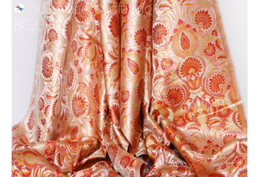 Indian Bridal Wedding Dresses Varanasi Pink Brocade Fabric by the Yard Banarasi Blended Silk DIY Crafting Sewing Costumes Lehenga Drapery Table Runner Fabric
