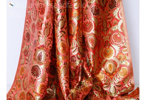 Indian Bridal Wedding Dresses Coral Brocade Fabric by the Yard Banarasi Blended Silk DIY Crafting Sewing Costumes Lehenga Drapery Clutches Table Runner Home Décor Fabric