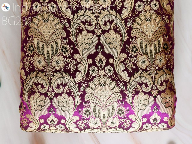 Indian Purple Brocade Fabric By The Yard Banarasi Wedding Bridal Dress Material Lehenga Costume Sewing DIY Crafting Home Decor Table Runners Outdoor Fabric