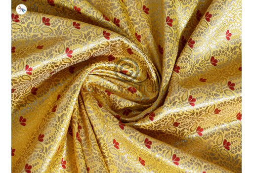 Indian Wedding Dress Material Brocade Fabric by the Yard Yellow Gold Banarasi Blended Silk Bridesmaid Lehenga Home Decor Furnishing Cushion Covers Costumes Fabric