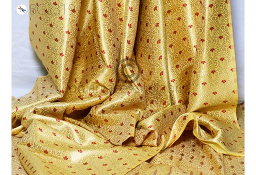 Indian Wedding Dress Material Brocade Fabric by the Yard Yellow Gold Banarasi Blended Silk Bridesmaid Lehenga Home Decor Furnishing Cushion Covers Costumes Fabric