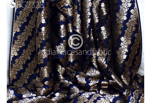 Indian Blue Brocade Fabric by the Yard Wedding Lehenga Skirts Jackets Blended Banarasi Silk Dresses Material Sewing Home Décor Crafting Evening Outdoor Fabric