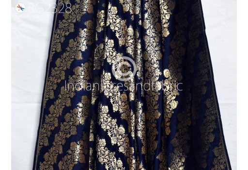 Indian Blue Brocade Fabric by the Yard Wedding Lehenga Skirts Jackets Blended Banarasi Silk Dresses Material Sewing Home Décor Crafting Evening Outdoor Fabric