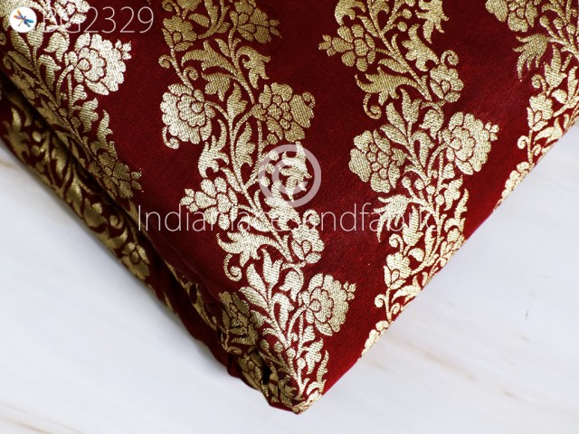 Indian Maroon Brocade Fabric by the Yard Wedding Dress Blended Banarasi Silk Dresses Material Sewing Evening Bags Home Décor DIY Crafting Woman Clothing Fabric