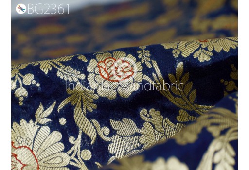 Indian Blue Brocade by the Yard Pure Katan Banarasi Wedding Dress Costume Material Sewing Lehenga Blouse Skirt Men Vest Jacket Curtains Home Décor Upholstery