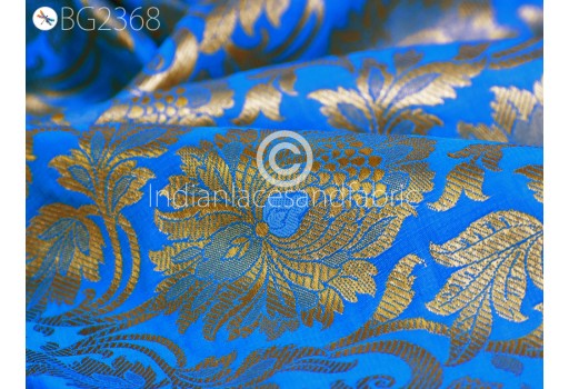 Blue Brocade by the Yard Banarasi Blended Silk Fabric Wedding Dresses Hair Crafting Sewing Cushion Cover Home Décor Costume Table Runner Curtains Pillowcases Fabric
