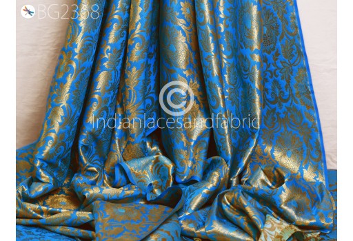Blue Brocade by the Yard Banarasi Blended Silk Fabric Wedding Dresses Hair Crafting Sewing Cushion Cover Home Décor Costume Table Runner Curtains Pillowcases Fabric