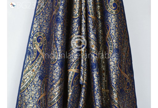 Blue Brocade by the Yard Banarasi Wedding Dresses Material Sewing Lehenga Skirt Men Vests Jackets Costumes Curtain Upholstery Crafts Home Furnishing Fabric