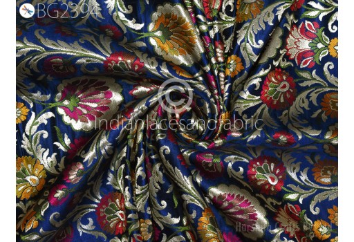 Indian Navy Blue Silk Brocade By The Yard Wedding Dress Banarasi Costume Material Sewing Crafting Blouses Curtain Upholstery Furnishing Home Décor Table Runner Fabric