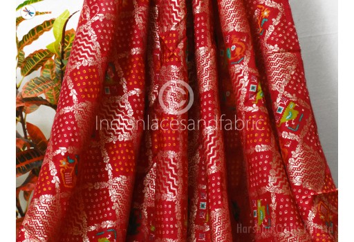 Indian Red Bandhani Wedding Dresses Brocade by the yard Banarasi Sewing Boutique Material Costumes DIY Crafting Cushions Pillowcases Skirts Blouse