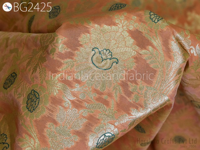 Indian Wedding Dress Making Peach Brocade by the Yard Pure Katan Banarasi Costume Material Sewing Lehenga Men Vest Jacket Curtains Upholstery