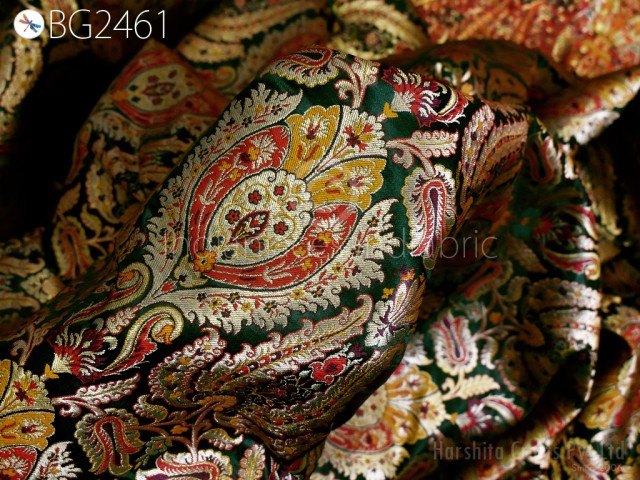 Wedding Dress Material Green Fabric by the Yard Brocade Historic Costume Indian Banaras Knee Length Coat Sewing Upholstery Drapery Banarasi Fabric