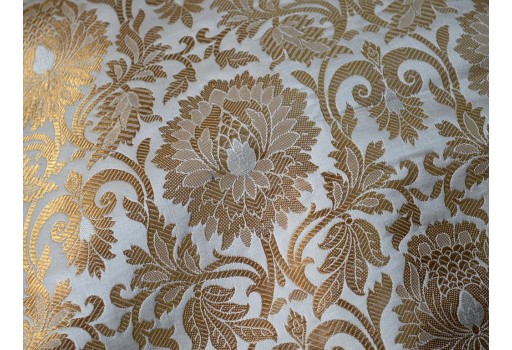 Brocade Fabric in Cream Gold Weaving Banaras Brocade Wedding Dress Fabric Banarasi Blended Silk by the Yard fabric Home Decor Table Runner