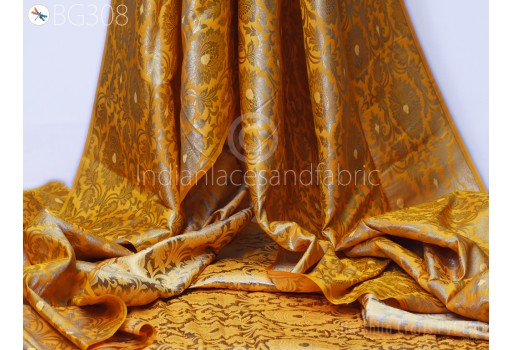 Indian Yellow Gold Banarasi Brocade By the Yard Blended Silk Wedding Dress Lehenga Jackets Home Decor table Runner Cushion Cover Curtains