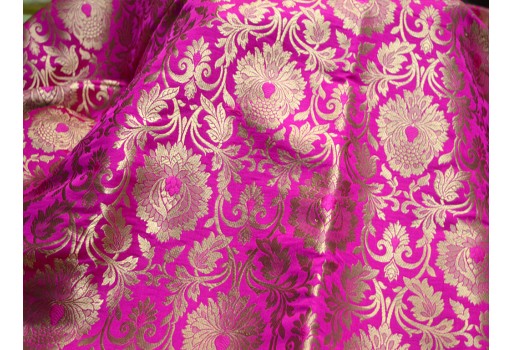 Beautiful Fancy Costume Crafting Sewing Gold Designer On Magenta Background Golden Woven Heavy Banarasi Blended Silk Floral Design Brocade Fabric By The Yard Dupattas