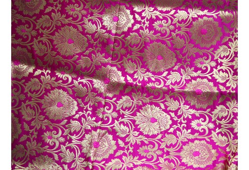 Beautiful Fancy Costume Crafting Sewing Gold Designer On Magenta Background Golden Woven Heavy Banarasi Blended Silk Floral Design Brocade Fabric By The Yard Dupattas