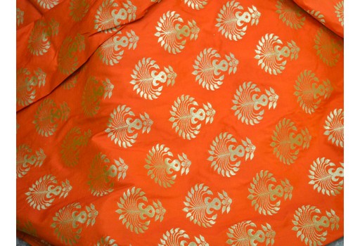 Orange banarasi brocade by the yard banaras blended silk golden floral motifs design fabric evening dress home decoration furniture cushion cover table runner brocade