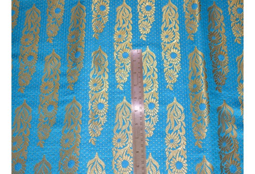 Brocade Fabric By The Yard Turquoise Blue And Gold Banarasi Lehenga Skirt Varanasi Home Furnishing Floral Design Fabric Jacket Sewing Material