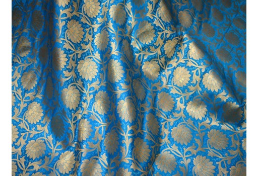 Blended Silk Turquoise Brocade By The Yard Headband Material Banarasi Jacket Midi Dress Golden Floral Design Making Home Decoration fashion blogger sherwani Fabric
