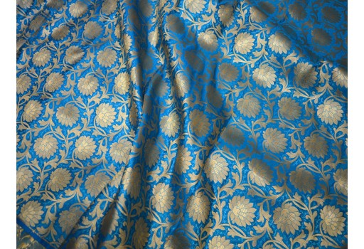 Blended Silk Turquoise Brocade By The Yard Headband Material Banarasi Jacket Midi Dress Golden Floral Design Making Home Decoration fashion blogger sherwani Fabric