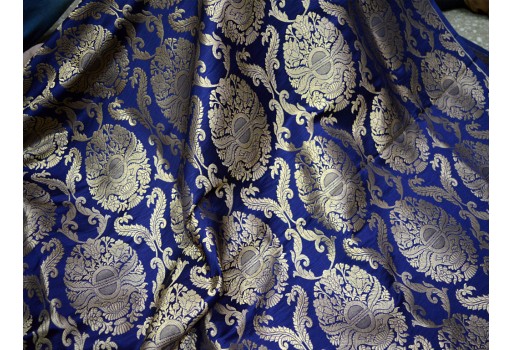 Silk Brocade Illustrate Golden Woven Motifs Floral Design Navy Blue Brocade By The Yard Evening Dress Material Mat Making Brocade Furniture Cover Clutches Fabric