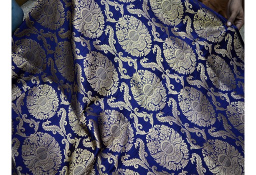 Silk Brocade Illustrate Golden Woven Motifs Floral Design Navy Blue Brocade By The Yard Evening Dress Material Mat Making Brocade Furniture Cover Clutches Fabric