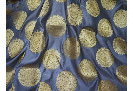 Golden Woven Mandala Design Silk Grey Brocade Blended Silk By The Yard Indian Banarasi Jacket Sewing Material Bridal Clutches Wedding Dress Lehenga Making Fabric Skirt