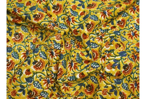Indian Yellow Block Print Soft Cotton Fabric Hand Stamp Yardage Summer Dress Shorts Kids Sleepwear Pajamas Sewing Crafting Quilting Curtain