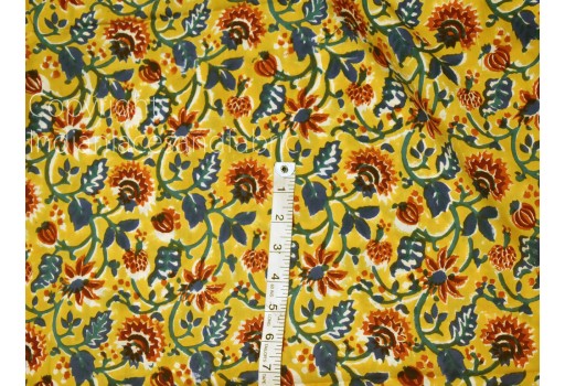 Indian Yellow Block Print Soft Cotton Fabric Hand Stamp Yardage Summer Dress Shorts Kids Sleepwear Pajamas Sewing Crafting Quilting Curtain