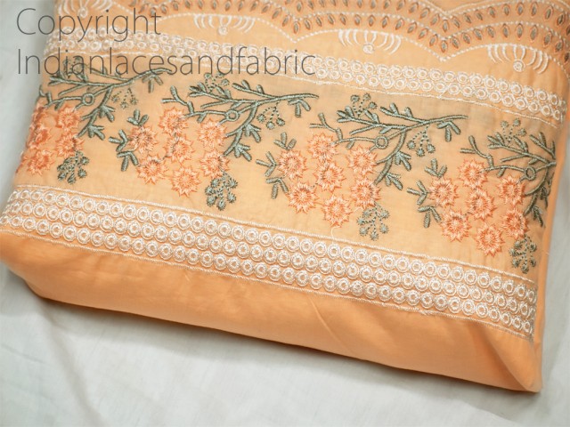 Indian Peach Embroidered Cotton Fabric by Yard Crafting Sewing Kids Women Summer Dress making Material Curtains Skirts Palazzo Pants Skirts Home Decor Cushion Cover