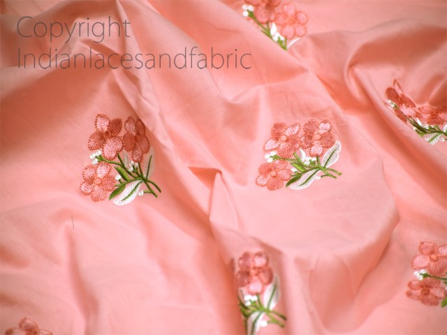 Indian Peachy Pink Embroidered Cotton Fabric by the Yard Embroidery Nursery Curtain Crafting Summer Women Dress Material Kid Nightie Quilting Home Decor Cushion Cover