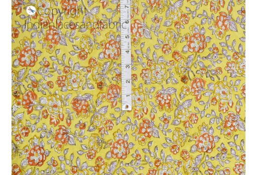 Indian yellow block printed soft fabric by yard home décor drapery curtain quilting hand stamped sewing crafting women kids summer dresses kitchen curtains table runner fabric