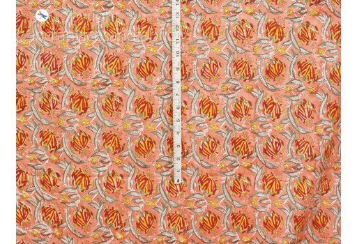 Indian peach hand block printed soft cotton fabric by the yard quilting crafting curtains summer dresses women kids nighties bohemian sewing accessories hair binding fabric