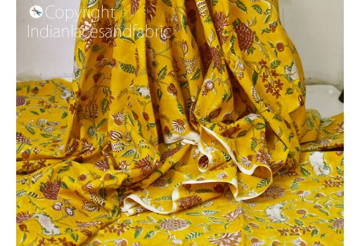 AVKA Studio Hand Block Print Fabric by The Yard - Precut 1 Yard 42 inch Width - 100% Cotton Material - Chrome Yellow Floral Pattern - Light Weight