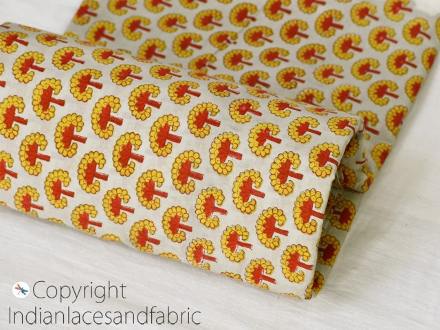 Indian yellow block printed cotton fabric by the yard quilting costume summer dresses women kids sewing hair crafting clothing apparel material baby cloths scarf making fabric