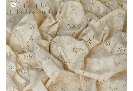 Indian unbleached ivory embroidered eyelet dyeable cotton fabric by yard kids girls women summer dresses sewing crafting curtains pillows cover clutches home décor fabric