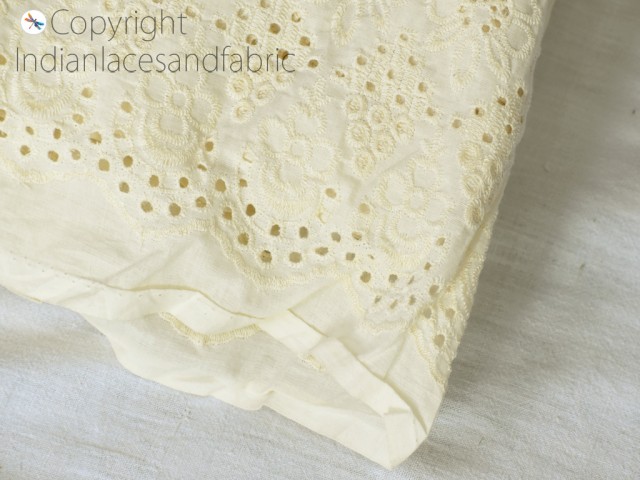 Indian embroidered dye able unbleached eyelet cotton fabric by the yard crafting sewing women summer dresses pillow covers drapery kitchen curtains clutches fabric