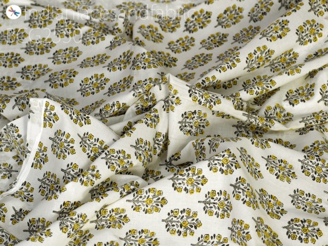 Yellow floral block stamp print Indian soft cotton by yard fabric pajamas sewing craft quilting kitchen curtain summer dress shorts kids sleepwear cushion cover clothing accessories boho costume
