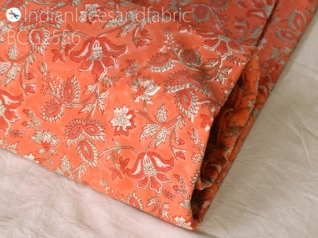 Floral peach Indian soft cotton fabric by the yard hand block bohemian printed quilting dress making sewing crafting curtains summer women nighties pajamas sleepwear clutches