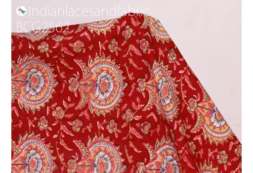 Indian red floral hand block printed dress making sewing soft cotton fabric by the yard quilting crafting curtains summer women kids apparels boho costume boutique material baby nursery