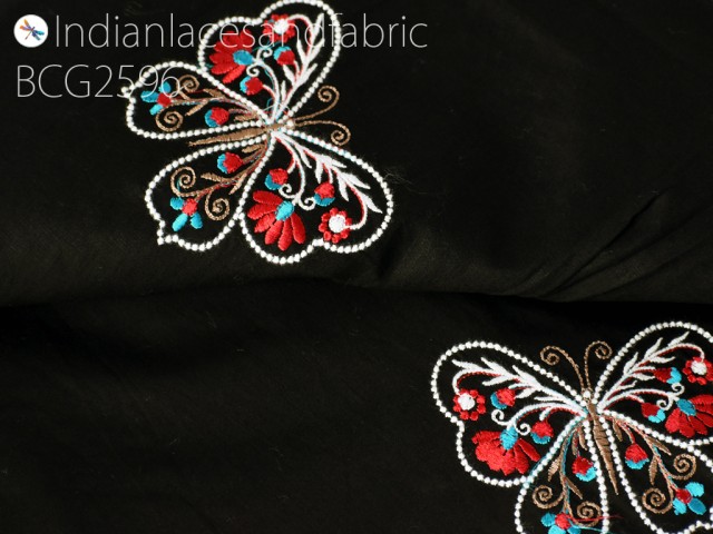 Indian black embroidered cotton fabric by the yard embroidery sewing accessories nursery curtain DIY hair crafting summer kid women dress material quilting home décor fabric