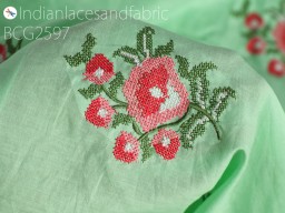 Indian mint green embroidered cotton fabric by the yard embroidery sewing DIY crafting nursery drapery kids summer dresses skirt pillowcases home décor hair craft handloom soft fabric