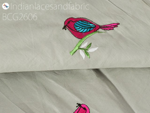 Grey Indian embroidered cotton fabric by the yard sewing nursery curtain DIY crafting summer kid women dresses material quilting birds embroidery home décor table runner fabric