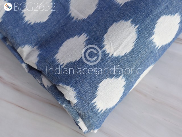 Indian Blue Ikat Cotton Fabric by the yard Hand Woven Kids Summer Dresses Handloom Home Decor Furnishing Quilting Crafting Sewing Accessories Cushion Covers Drapery