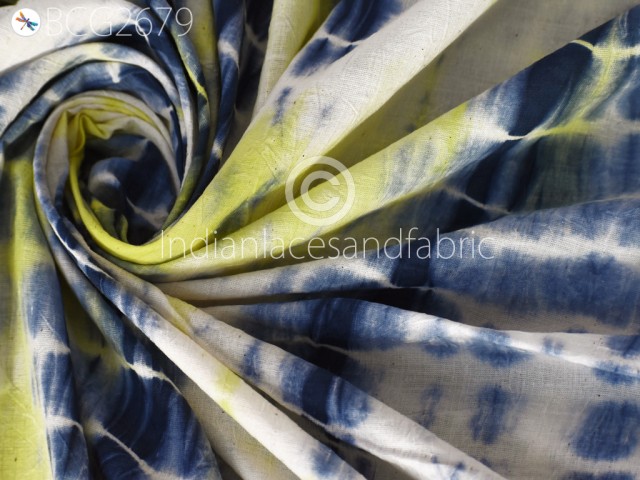 Indian Handmade Shibori Cotton Fabric By The Yard Tie Dye Indigo Yellow Blue Color Dyed By Hand Summer Dresses Quilting Sewing Craft Cloth