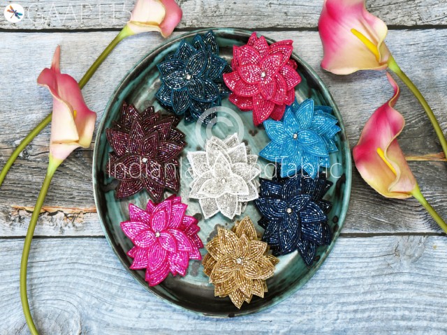4 Pieces Beaded Patches Appliques Indian Handmade Floral Beads Decorative Sewing Dresses Patches DIY Brooch Crafting Costume Dress Applique