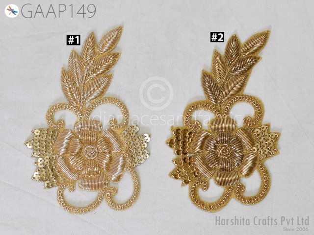 Indian Decorative Floral Sequin Zardozi Gold Applique Embroidered Sewing Wedding Dress Beaded Appliques Handmade DIY Crafting Supply Patches